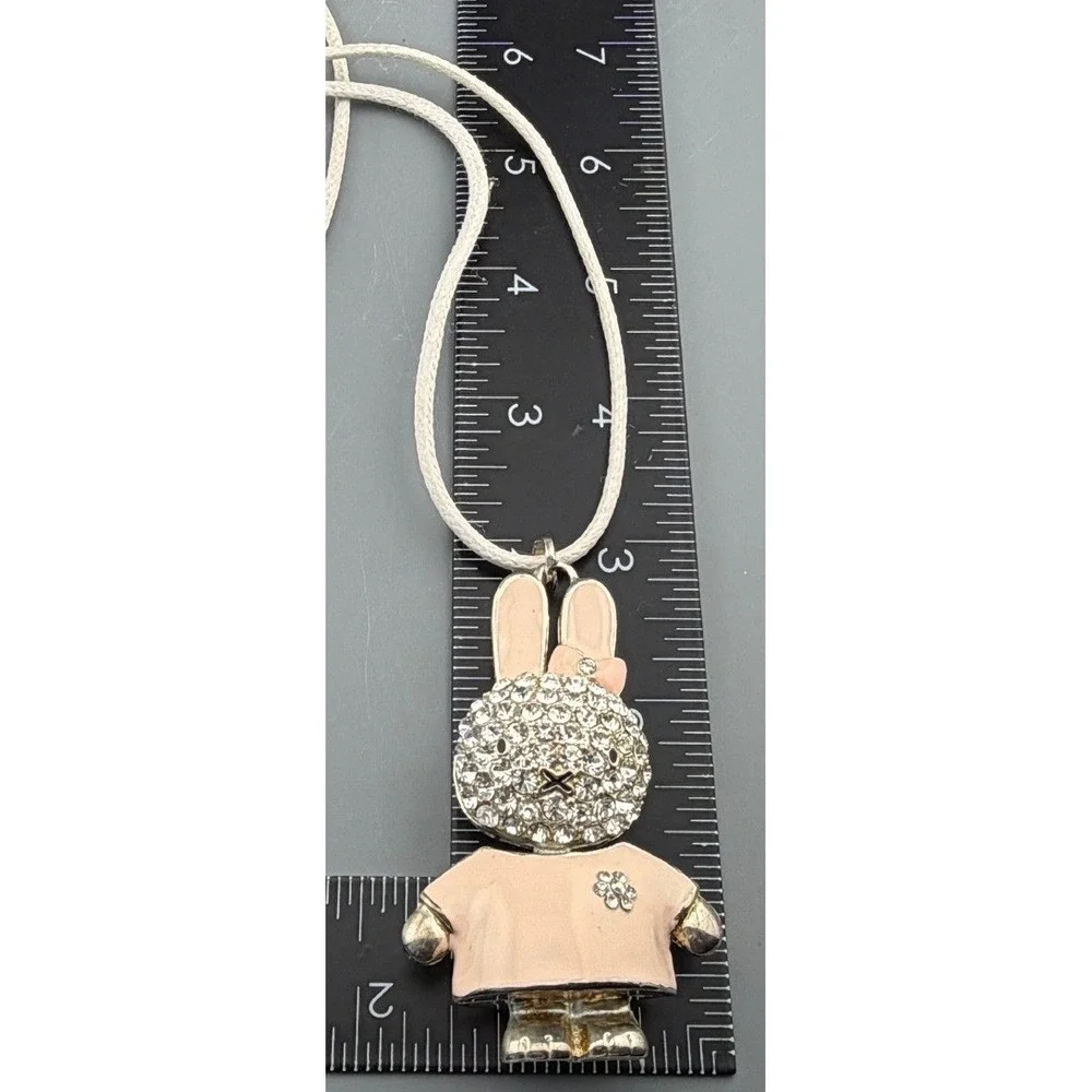 Vintage Bunny Rabbit Pendant Necklace Rhinestone Pink Enamel Miffy Style 28
